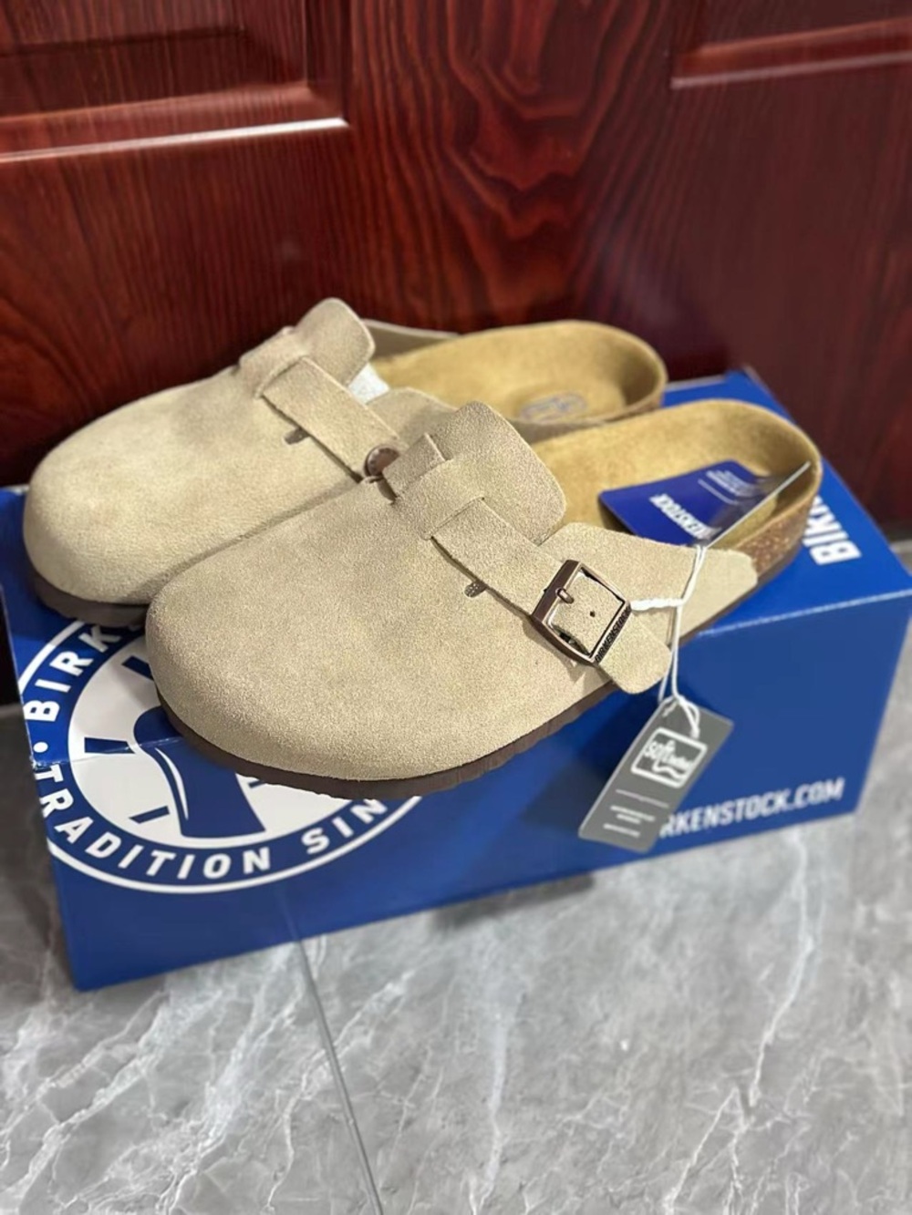 Birkenstock Beige Suede Boston Clog with Buckle - Picture 5 of 5